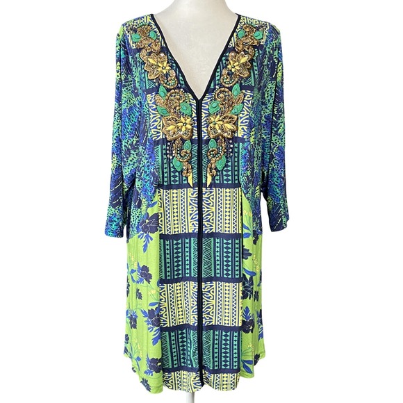 Soft Surroundings Blouse Womens 1X Green Blue Floral Tunic Beaded Embroidered - Picture 1 of 15